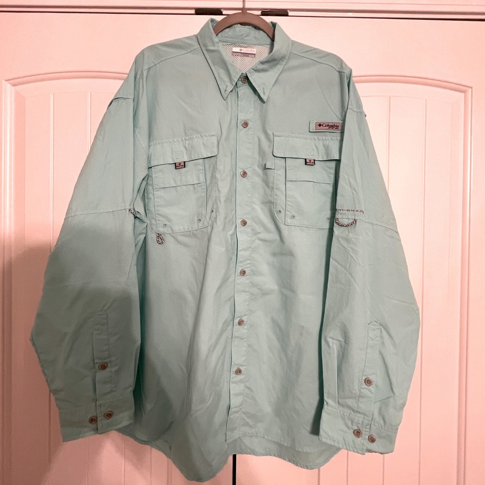 Men’s Columbia PFG Long-Sleeve Button Down Fishing Shirt, Size XL, Aqua